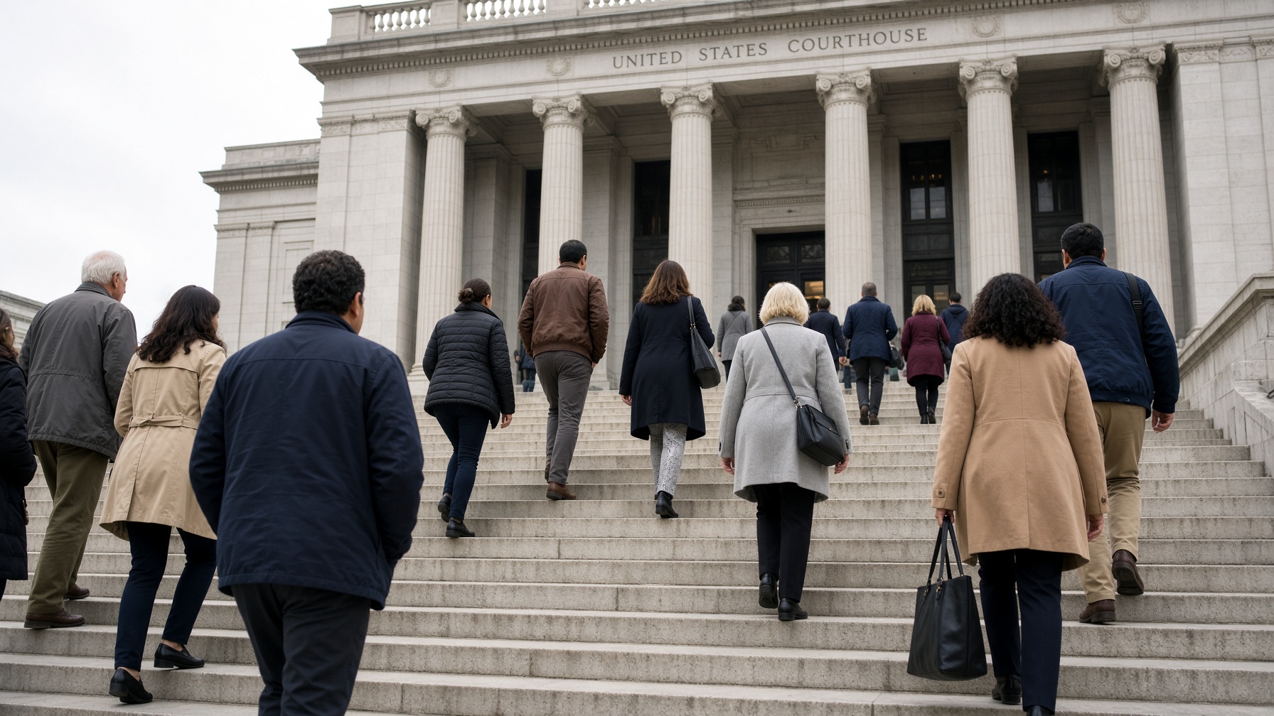 People walking up courthouse steps