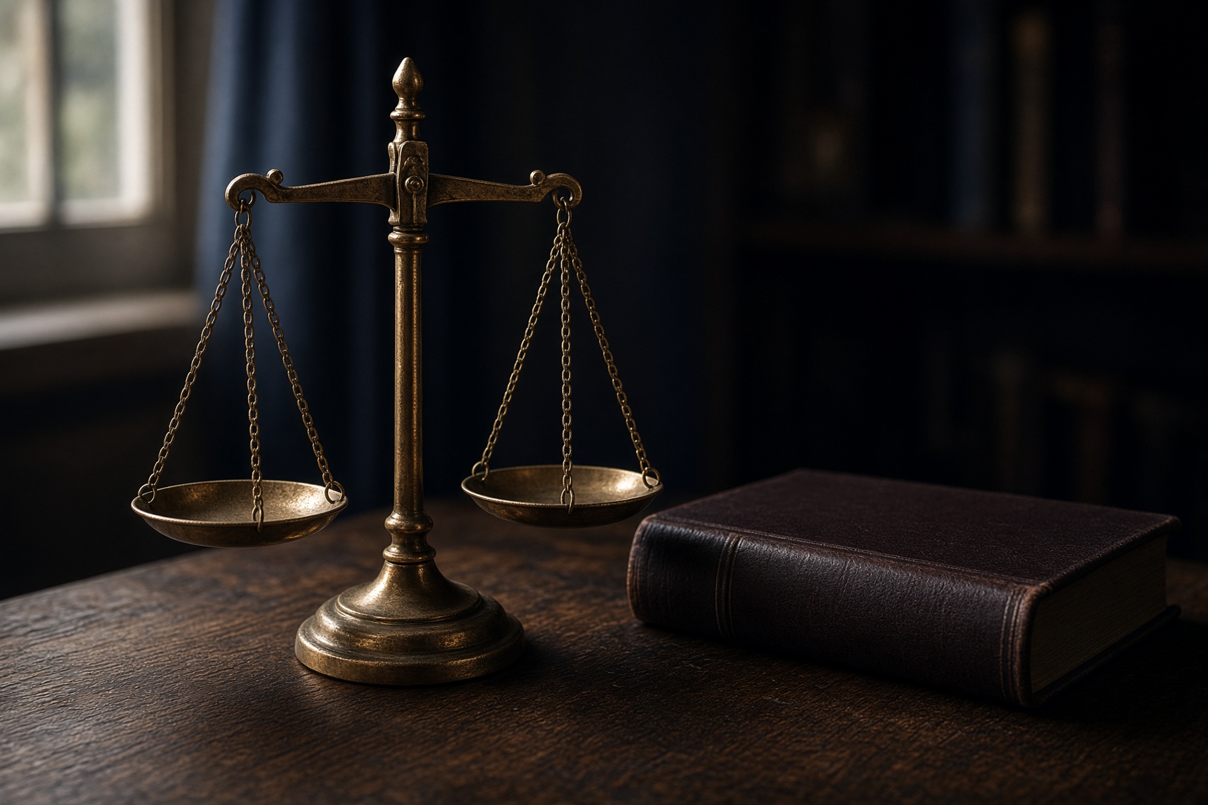 Brass scales of justice on an oak desk beside a closed law book