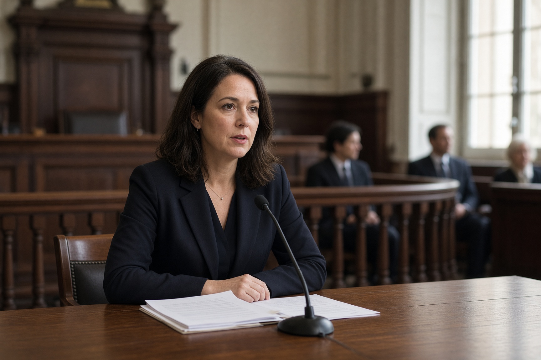 A woman speaking at a wooden witness table